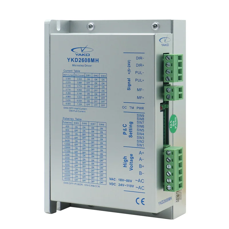

18 ~ 80 В переменного тока, 24 ~ 110 В постоянного тока, 6 А, YKD2608MH, шаговый драйвер с открытой петлей Nema 23 Nema 34 YAKO