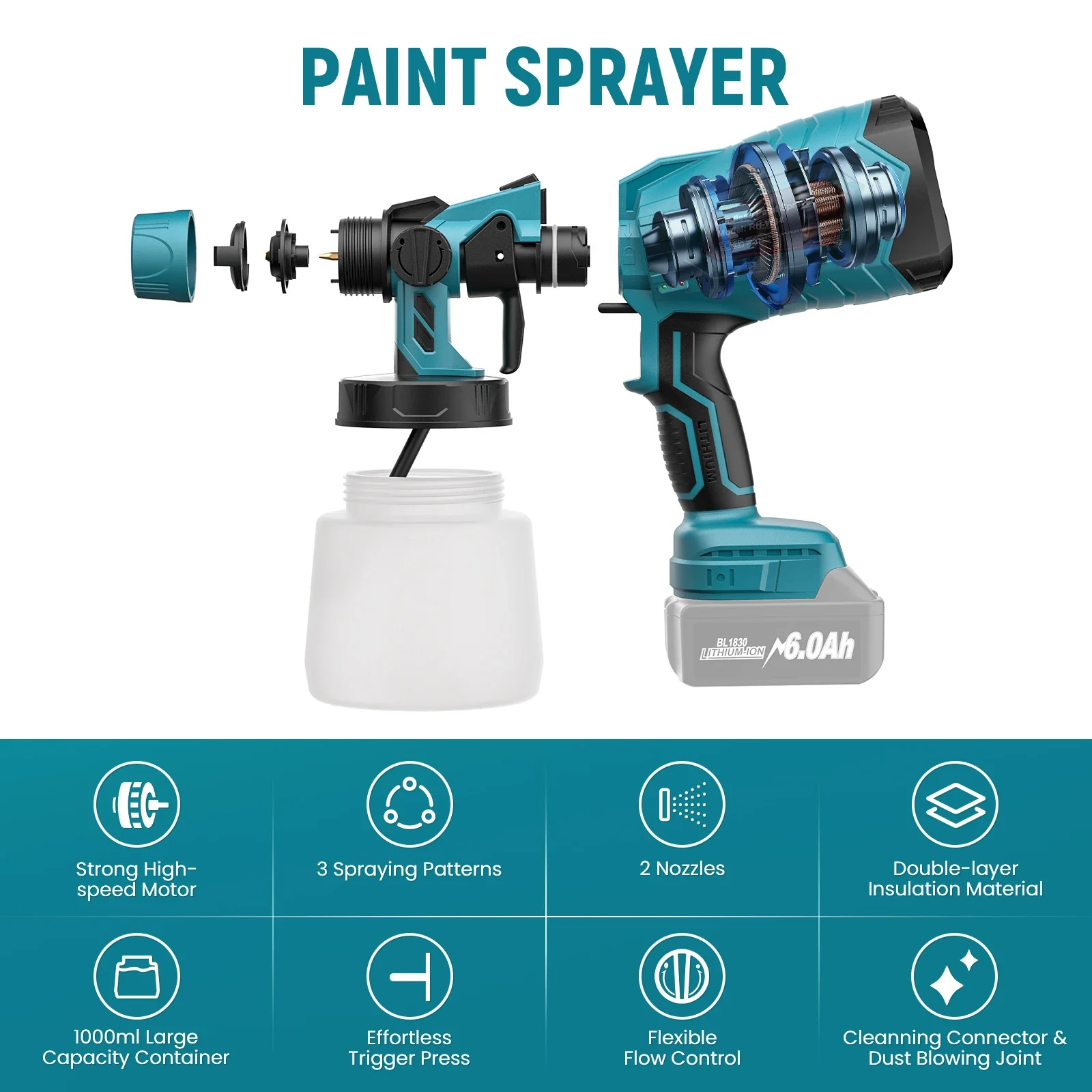 Cordless Paint Sprayer For Makita 18VBattery 1L Capacity Container Spray Paint Gun 2 Nozzles 3 Patterns Furniture House Painting