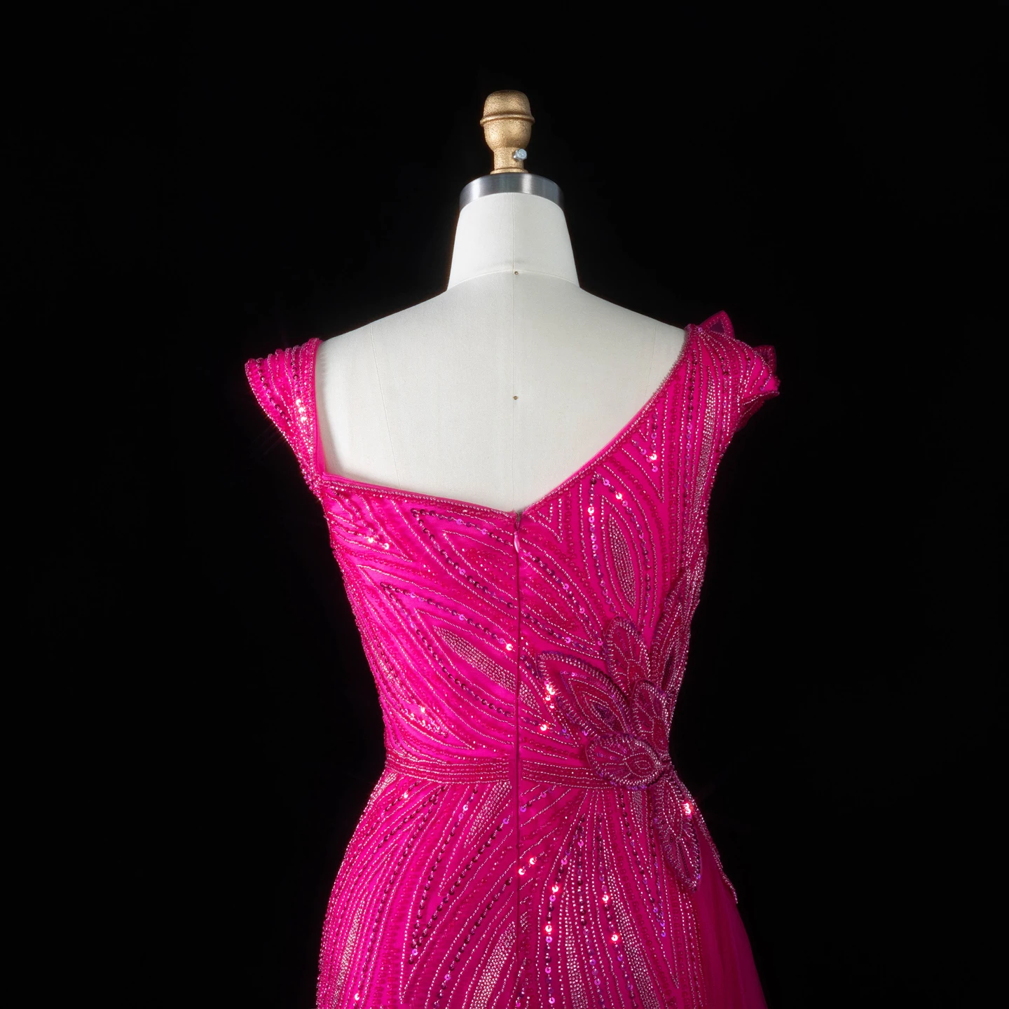 Sharon Said Fuchsia Abendkleid, schulterfrei, 3D-Blattstickerei, seitlicher Tüllfall, Meerjungfrauen-Schnitt, formelle Partykleider, SS106, maßgeschneidert – Detail 12
