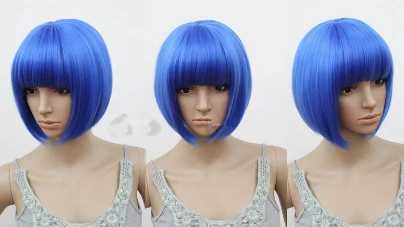 

Short Wavy Wig Flat Bangs Bob Blue Hair Synthetic Heat Resistant Fiber Carnival Party Salon Costume Cos-play Hairpiece