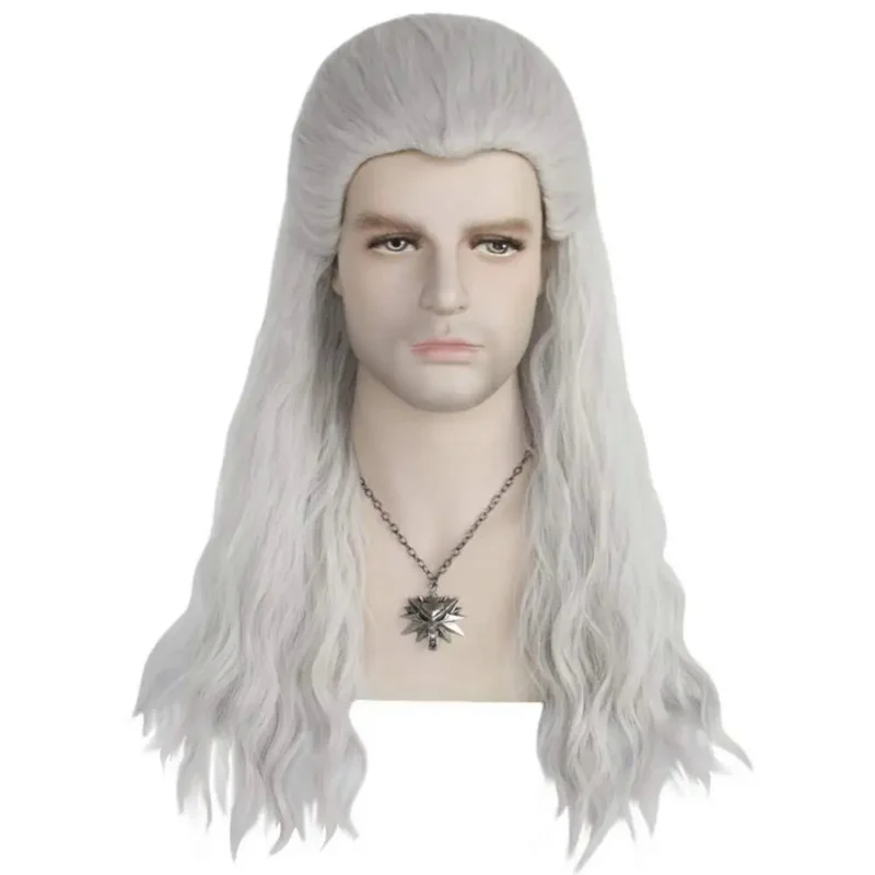 

Game Witcher Silver Gray Long Straight Man Cosplay Wig Synthetic Anime Role Play Hair Wigs for Party Halloween With Nelace