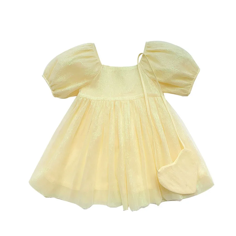 2021 Summer Kids Girls Puff Sleeve Dress Korean Stylish Baby Girls Shiny Yellow Tulle Fairy Princess Dresses Children Clothes