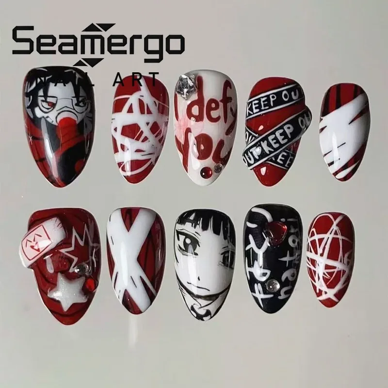 24PCS Dark Black Y2k Almond Press on Nails Anime Cartoon Girl Red Black Graffiti Letter False Nails Gothic Punk Gyaru Nails Tips