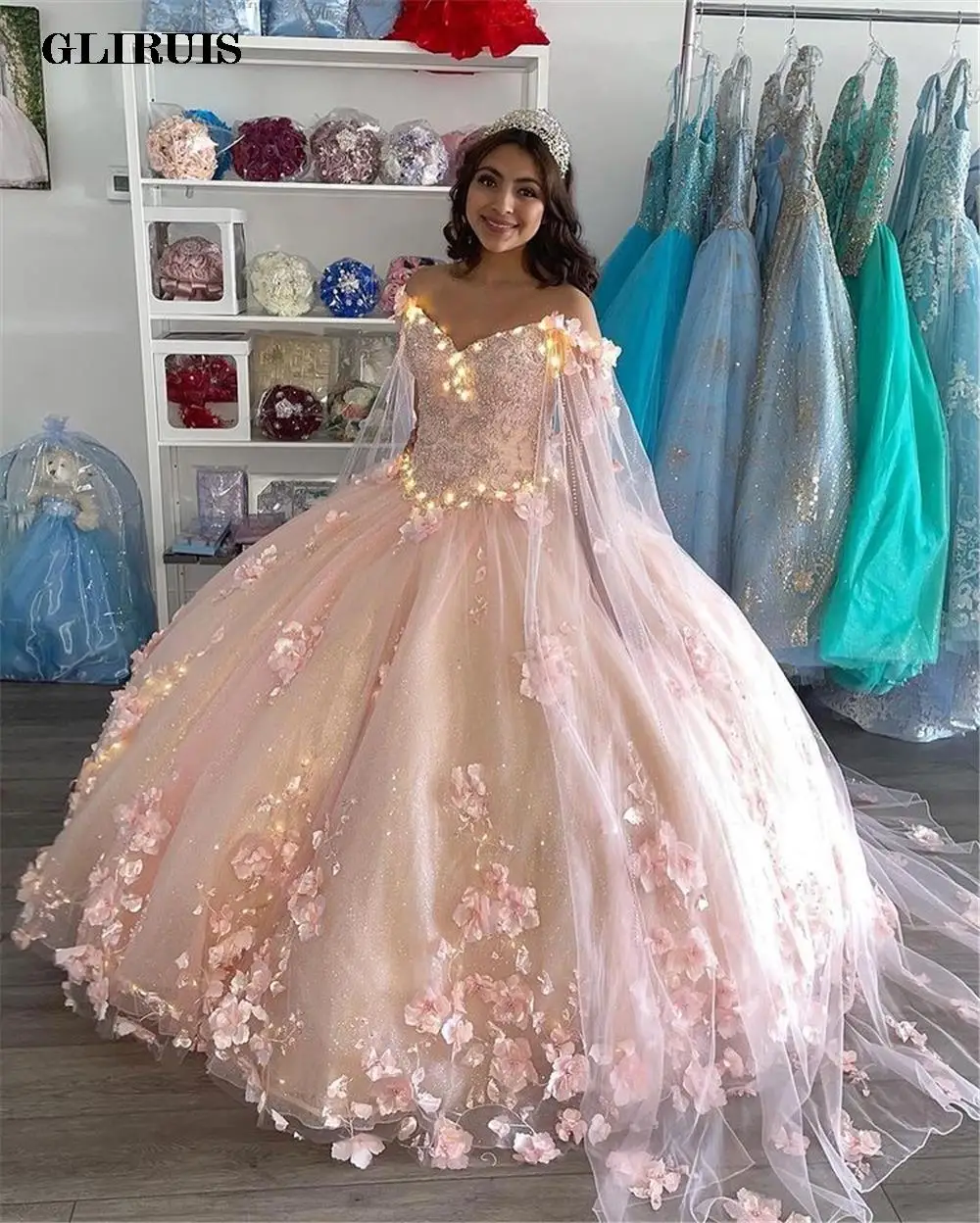 Pink White Princess Quinceanera Dress with Cape Wrap Appliques 2023 Sequins Flowers Party Sweet 16 Gown Vestidos De Customized