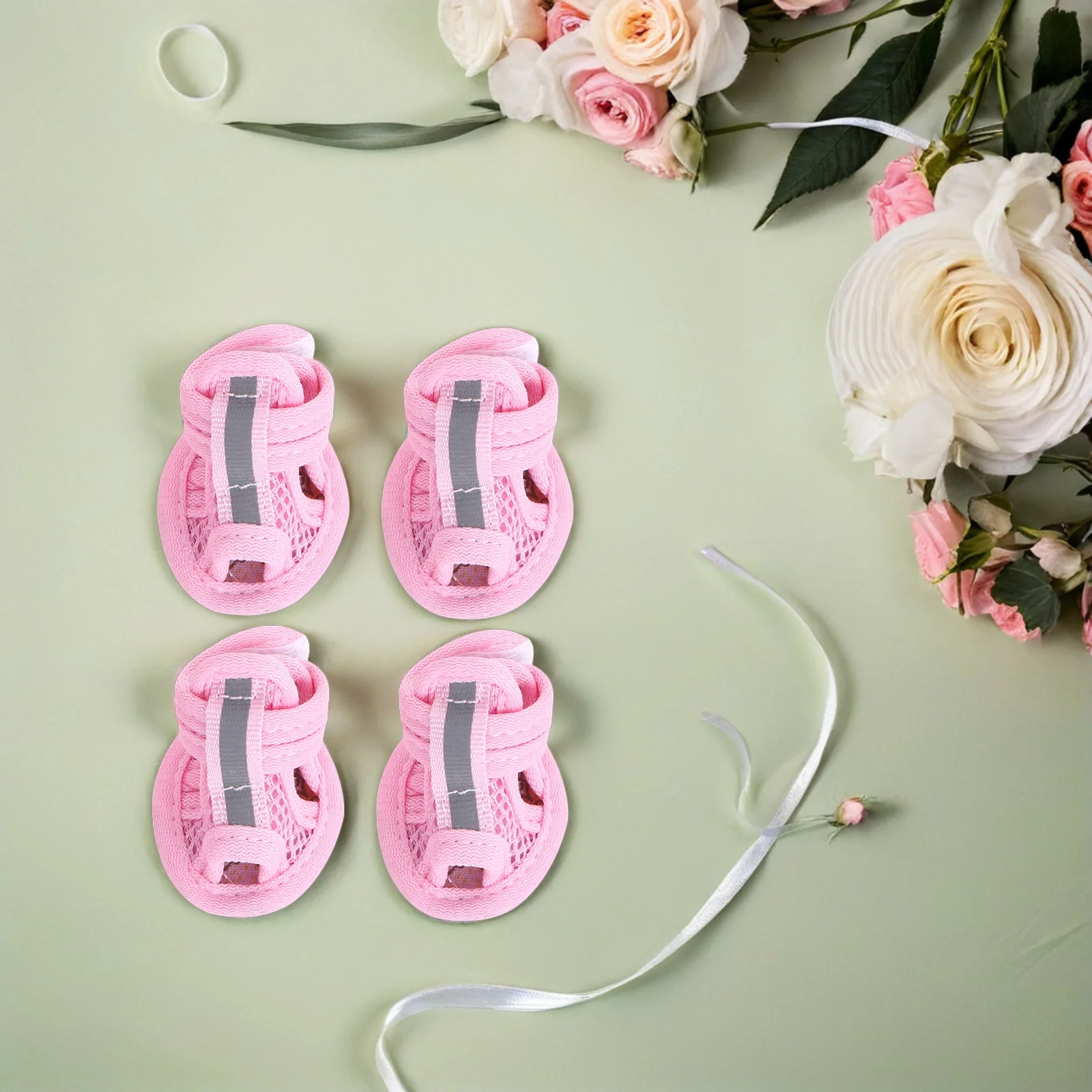 4 Pcs While Sandals Pet Dog Paw Shoes for Summer Feet Covers Booties Dogs Paws Pink Breathable Mesh Baby