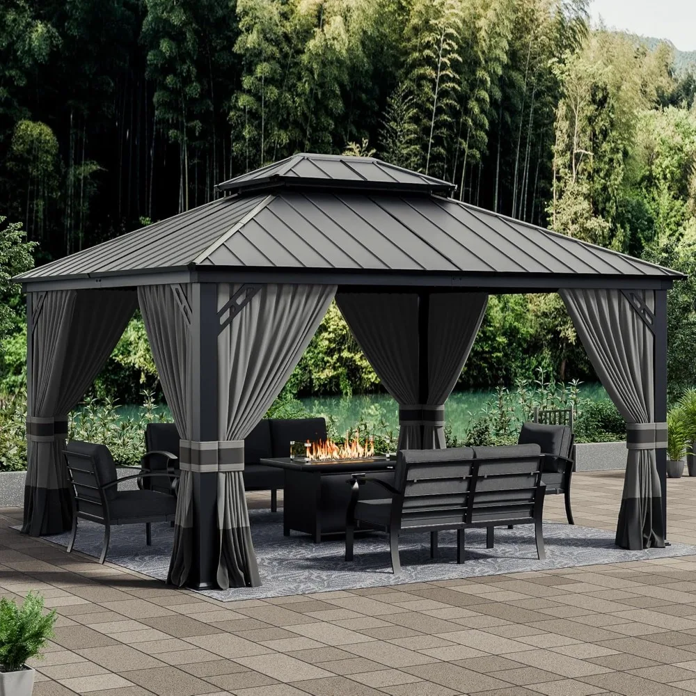 12x14 Foot Hardtop Pavilion with Double Layered Roof, Outdoor Pavilion with 2-layer Hardtop Galvanized Iron Frame Garden Tent