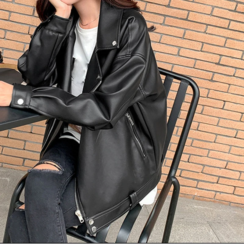 PU feminino de couro falso solto jaqueta de motocicleta, streetwear feminino, casaco extragrande, chique coreano, qualidade grossa, casual, inverno