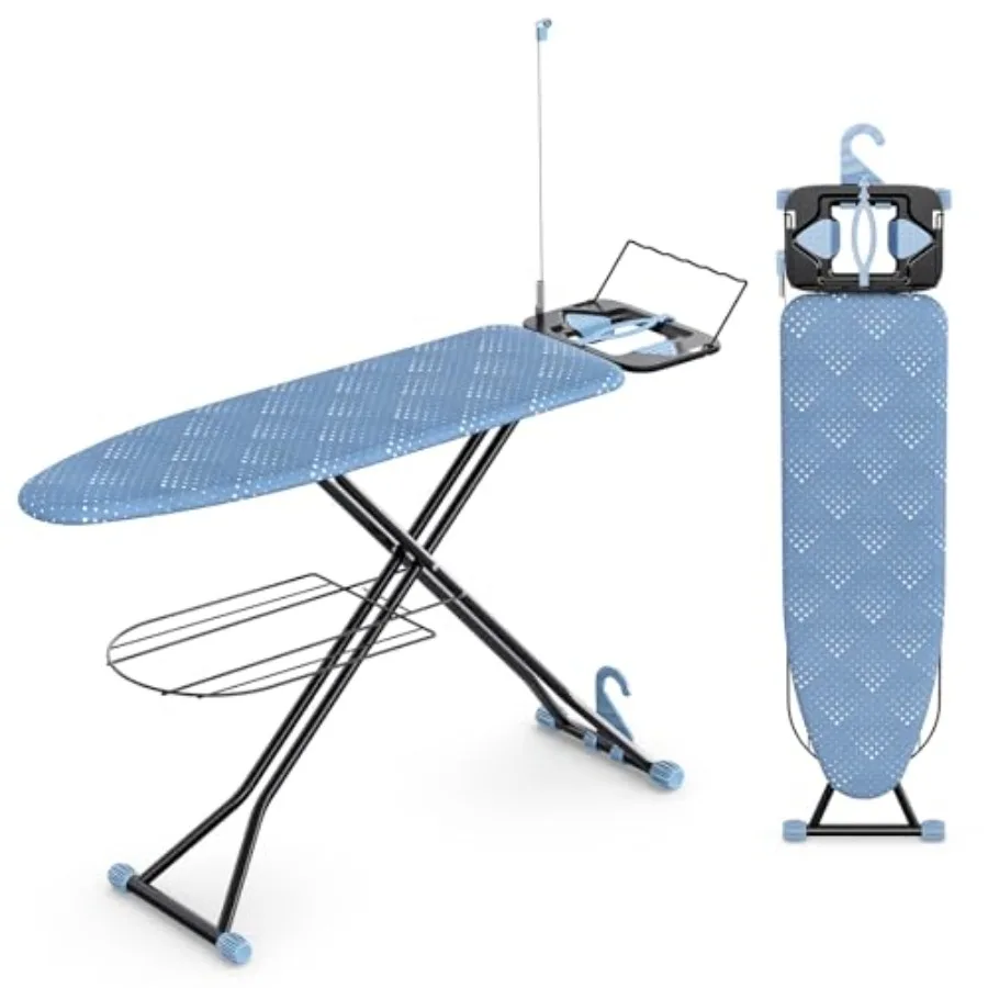 

KINGBOARD Ironing Board Compact Iron Board Full Size with Extra Thick Cover 7 Adjustable Heights Stand with Hanger and Iron Res