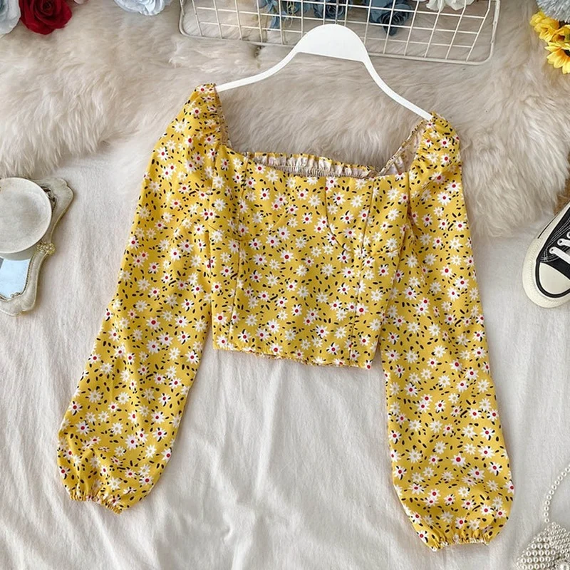 Floral Print Tops Women's Vintage Square Collar Chiffon Top Long Puff Sleeve Short Shirt Fashion Elegant Cottagecore Streetwear