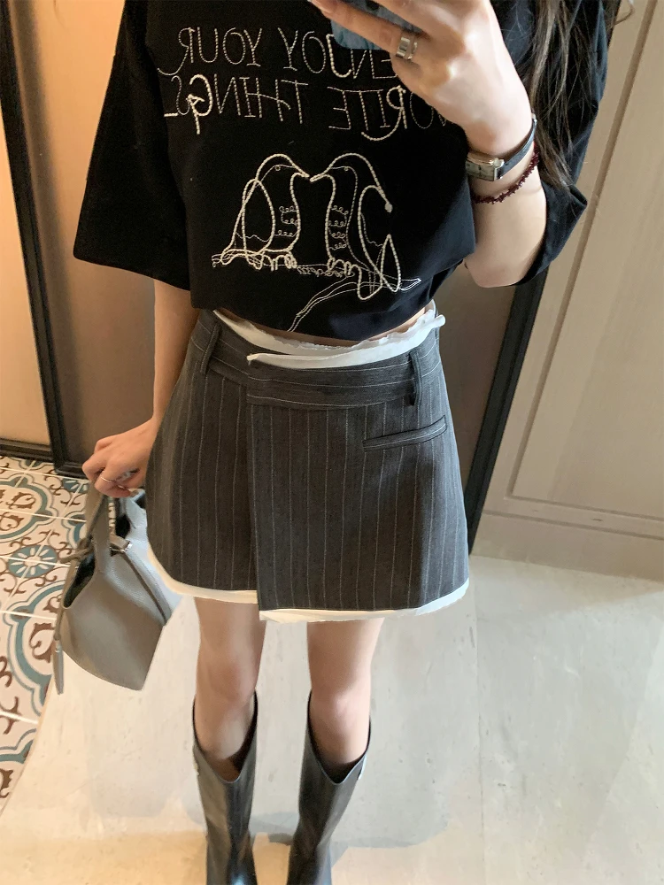 

Fang Bubble High Waist Striped ort Skirt Commute Sle Women's A-Line Skirt Slimming Effect Korean Version Summer New