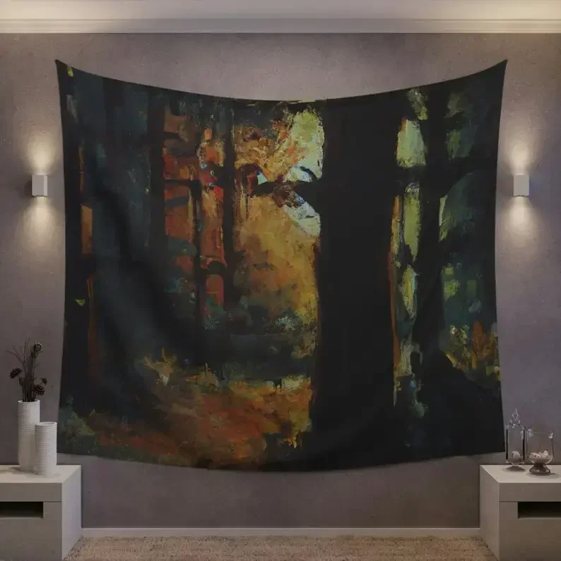 Tapiz de bosque moody, pintura al óleo original, tapiz de pared grande de puesta de sol natural, colgante de pared, paisaje de la selva