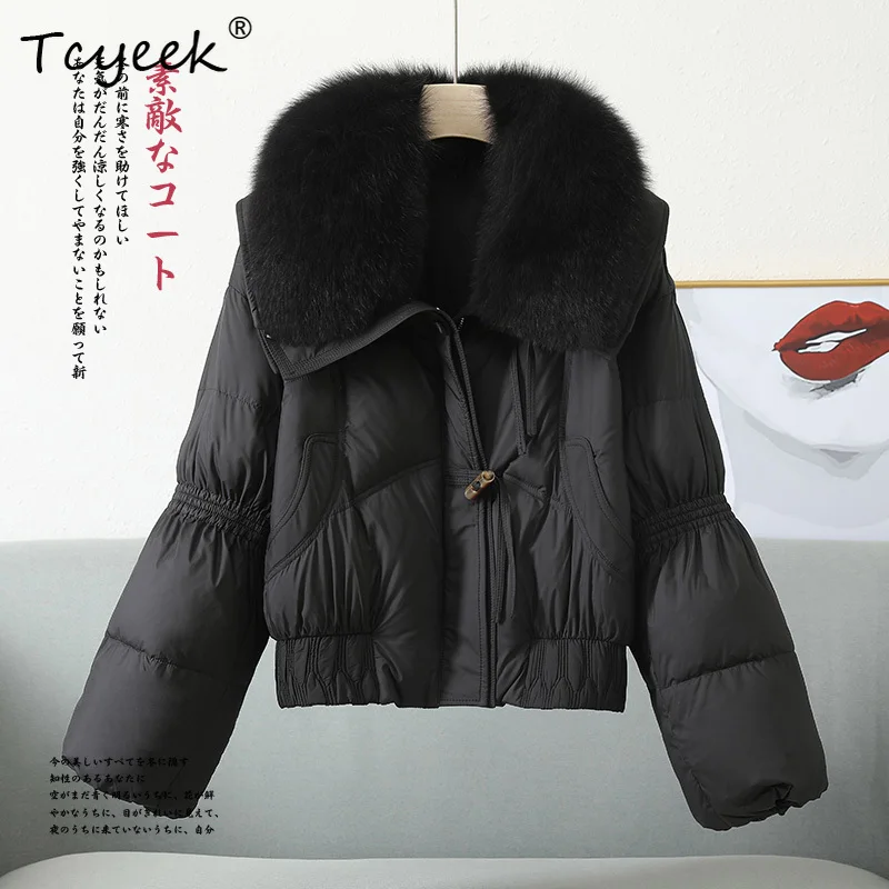 Tcyeek Autumn Winter Square Collar Detachable Real Fox Fur Collar Women's White Goose Down Fur Coat Casacas Para Mujer Invierno