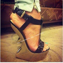 Trending T Strap sandali con plateau neri scarpe con tacco stile strano per le donne cinturino con fibbia alla caviglia Open Toe 2024 Zapatos Para Mujere