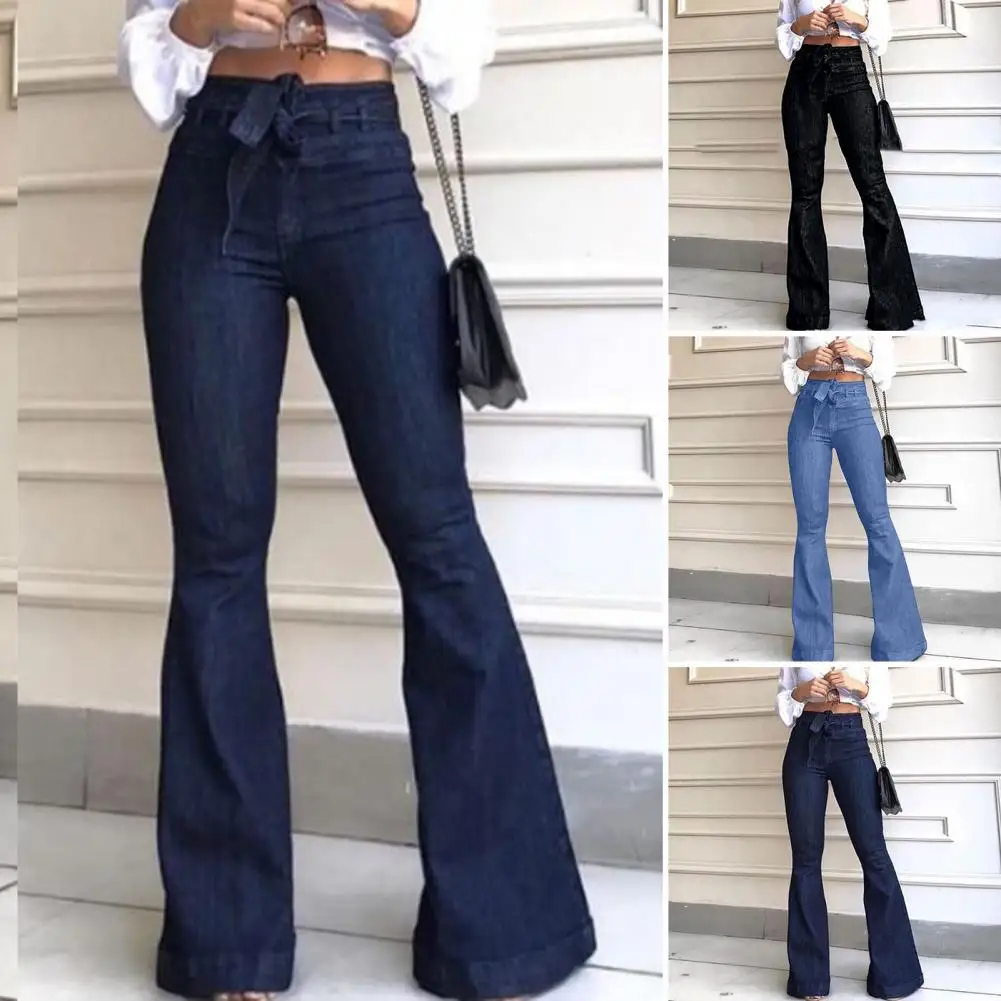 Zippered Placket Denim Trousers Women High-waisted Ripped Jeans Women’s High Stretch Wide-leg Denim Jeans Lace-up Button Fly