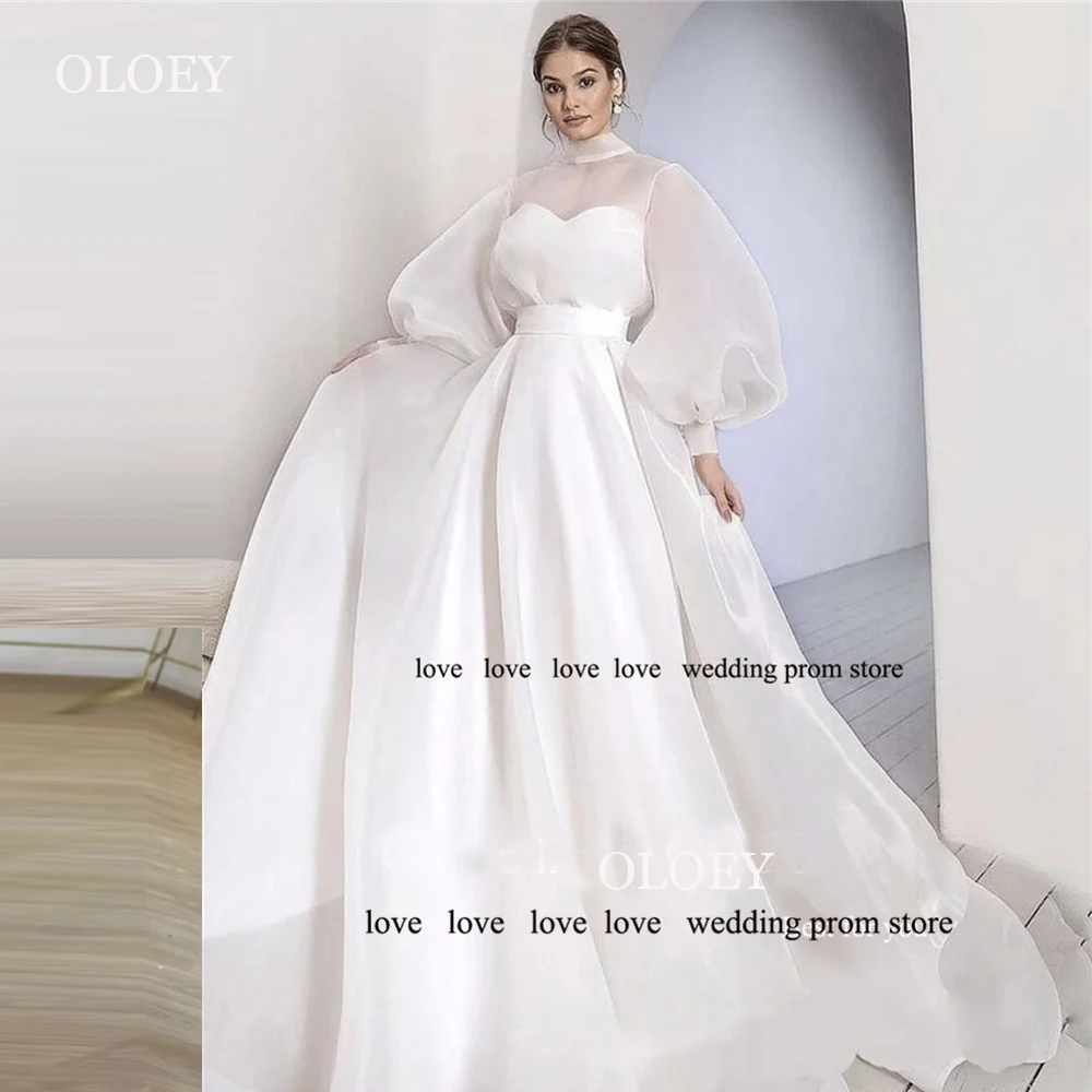 

OLOEY Simple A Line Korea Wedding Dresses Modest Puff Long Sleeves High Neck Silk Organza Plain Bridal Bride Gowns Bow Back