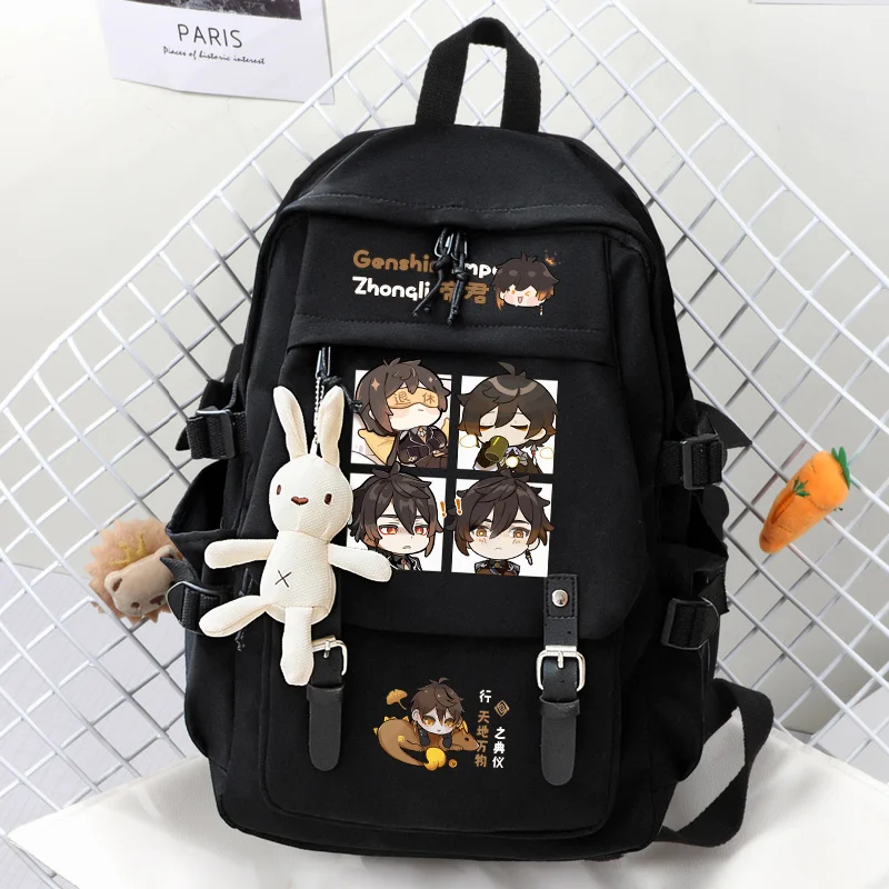 Game Genshin Impact Zhongli Alhaitham Backpack Students School Book Bags Black Mochila Bookbag