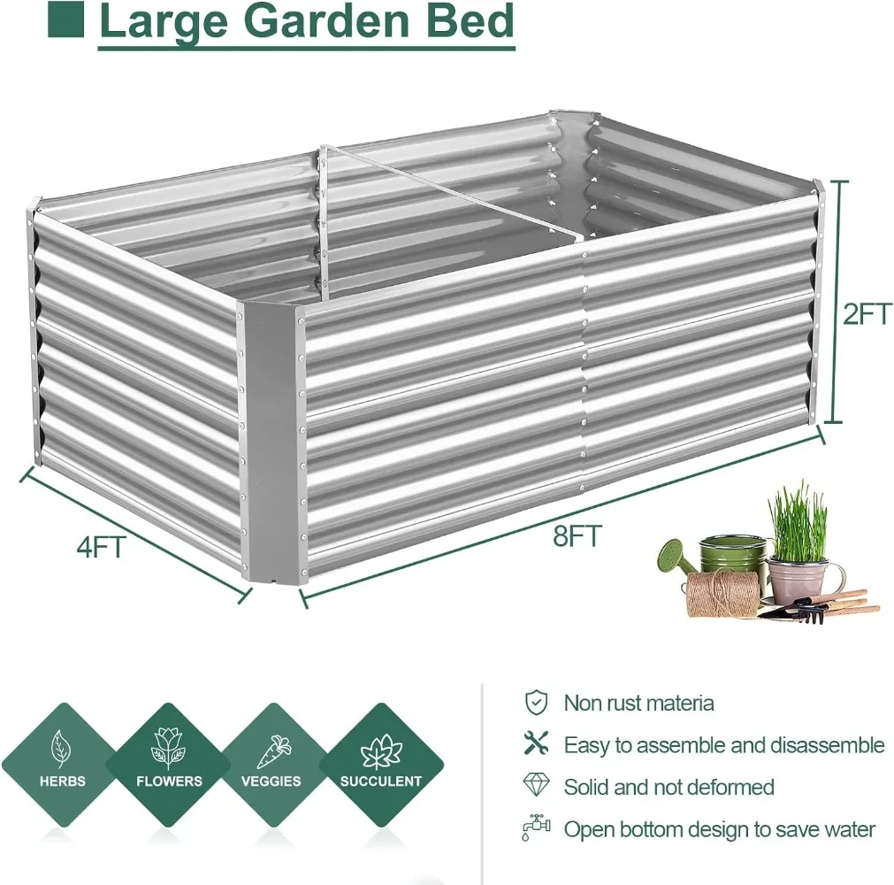 Land Guard 8×4×2 ft Galvanized Raised Garden Bed Kit, Galvanized Planter Raised Garden Boxes Outdoor, Large Metal Raised Garden