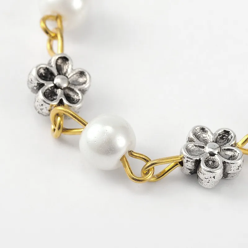 5Strands 3.3 Feet Round Glass Pearl Beads Chain Link with Flower Spacer Beads and Eye Pin for Necklaces Bracelets Jewelry Making