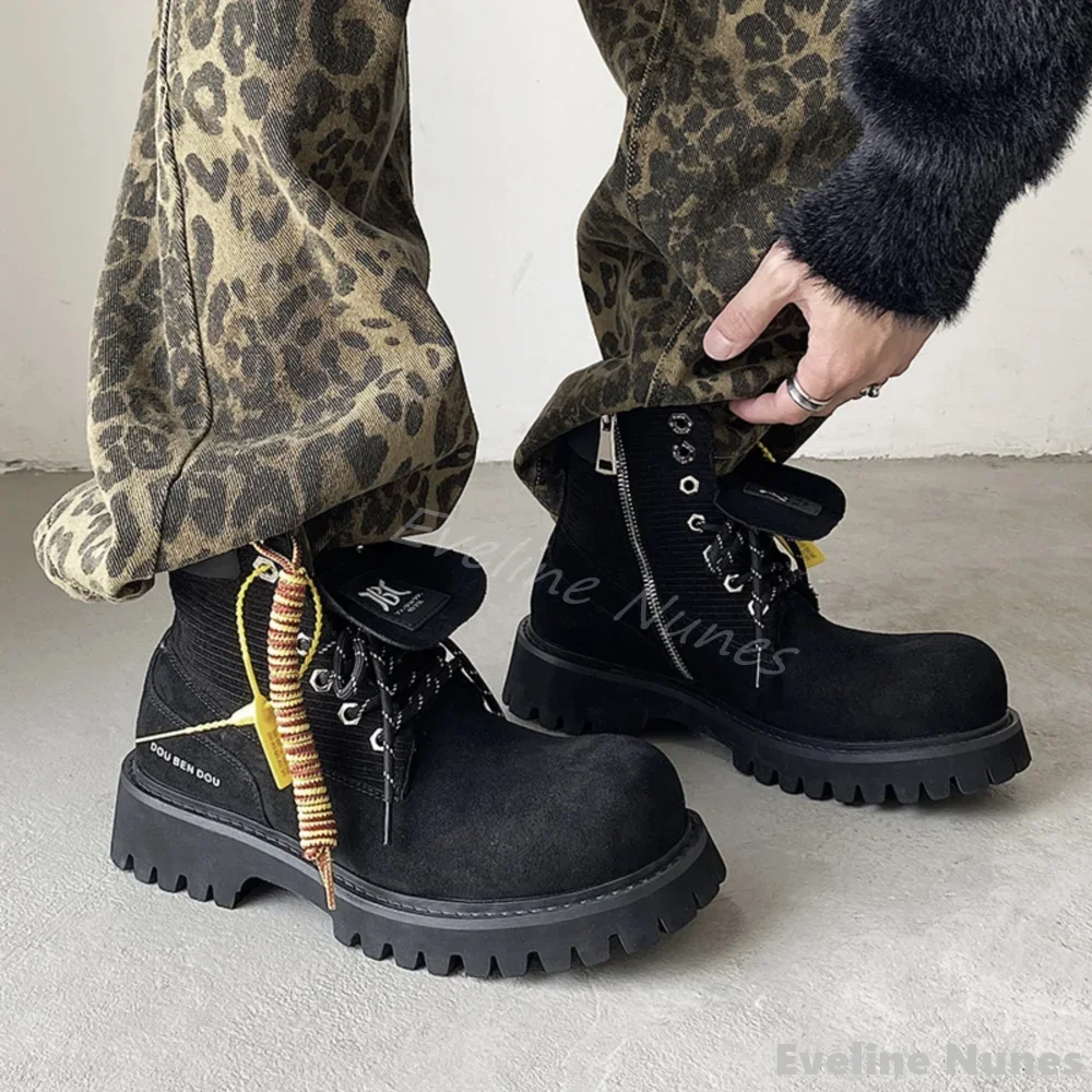 

New High Top Thick Soled Work Boots Men Genuine Leather Height Enhancing Black Lace Up Short Boots 2025 Autumn New Fashion Boots