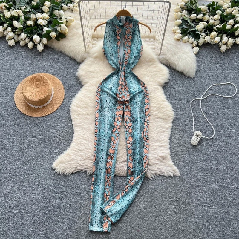 

Женский летний комбинезон без рукавов в ретро-стиле с принтом под питона, облегающий, стройнящий, в стиле стритвир, для дерзких девушек, с длинными брюками.