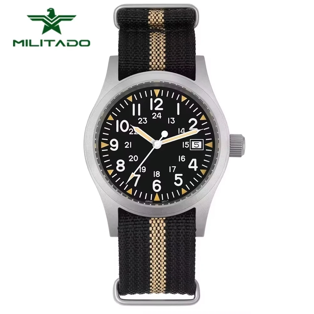 Militado ML05 38mm Military Field Watch Ronda 515 Quartz Movement Domed Sapphire Crystal Waterproof 100M Super Luminous Watches