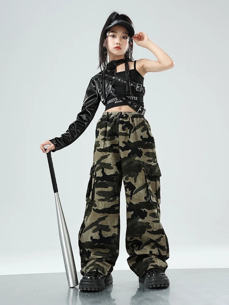 2024 Kinderen Enkele Mouw Leren Jas Camouflage Broek Pak Moderne Jazz Dans Kostuums Voor Meisjes Hiphop Kleding Dqs16989