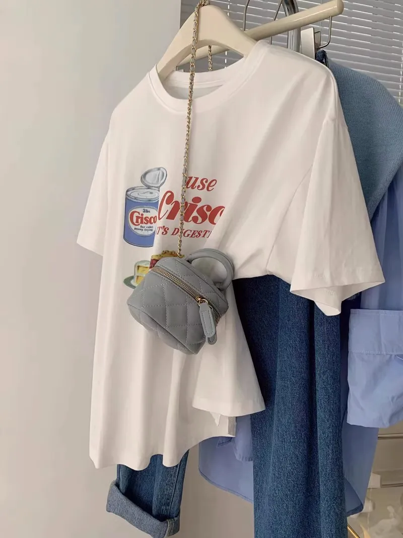 

Американская ретро-футболка с коротким рукавом для женщин, летняя, свободного кроя, больших размеров, утягивающая, хлопковая, с круглым вырезом, в корейском стиле