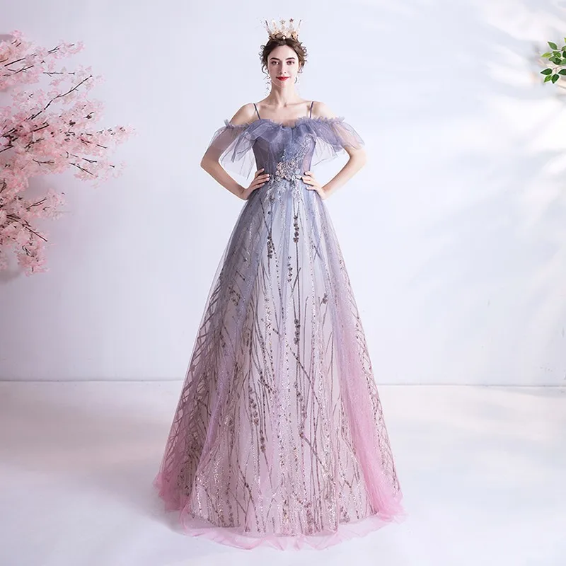 

One Shoulder Strap Evening Dress 2025 New Starry Sky Gradient Pink Bridal Wedding Toast Dress Elegant Banquet Party Dress