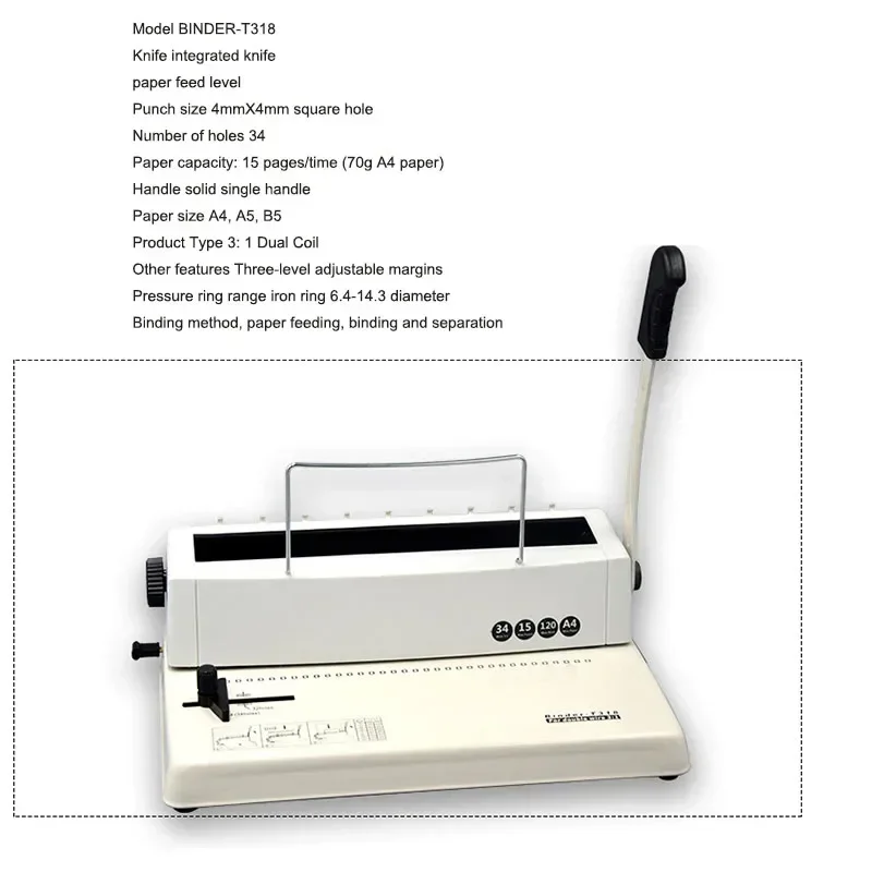 

Машина для переплета на металлическую пружину T318, 34-дырочная машина для квадратных отверстий 3:1, машина для двойной пружинной переплетки, машина для настольных календарей