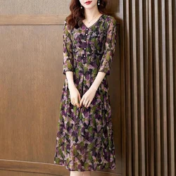 Elegant Vintage Women V-Neck Long Dress Spring Summer 3/4 Sleeve Slim Tunics New Big Size Pullover Chic Fashion Casual Sundress