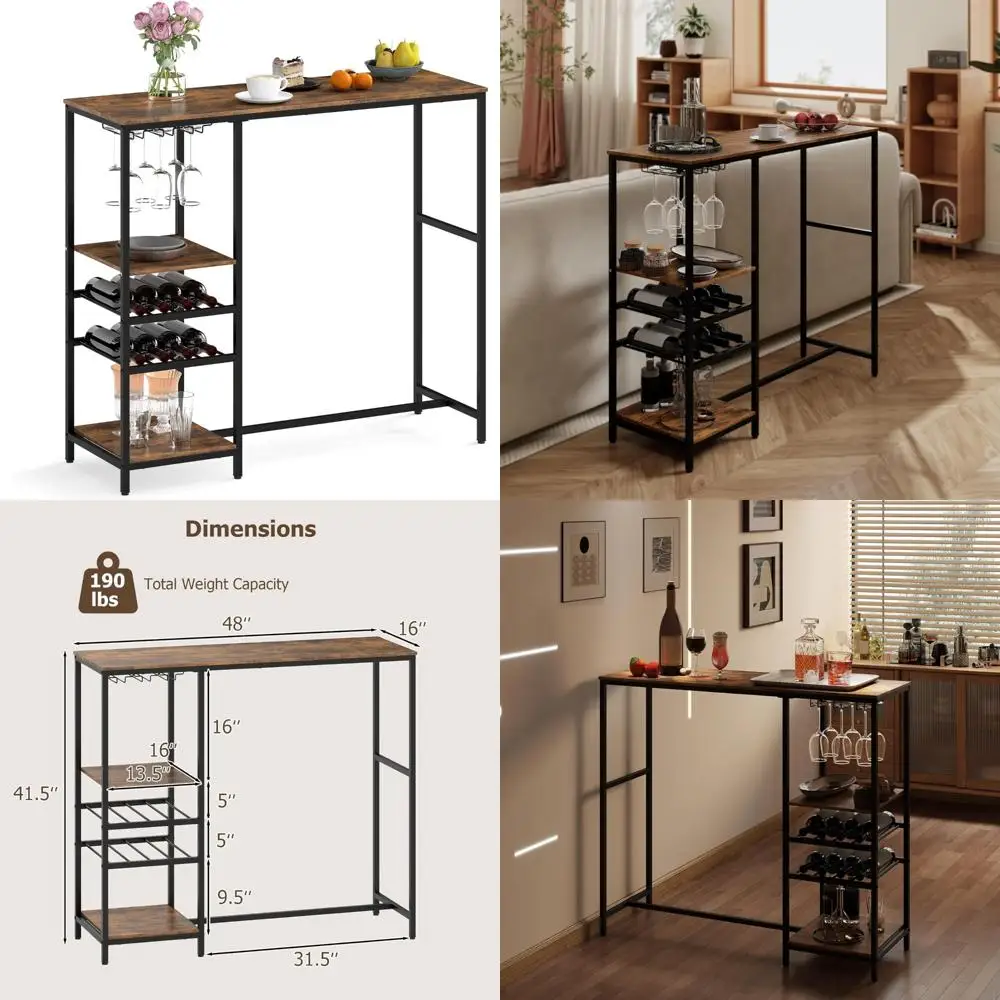 48 طاولة بار طويلة، طاولة طعام عالية مع مساحة تخزين، رف النبيذ وحوامل أواني الجذع، طاولة الإفطار على الطراز الصناعي