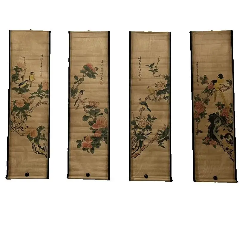 

China Old Scroll Painting, Ink painting and poetry Paintings, Four couplet mural Pan Tianshou's Flower and Bird Painting