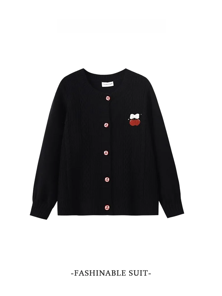 

Black Cherry Embroidered round Neck Single Button Knitted Sweater Women's Soft Long Sleeve Winter New Style Versatile Open Ca...