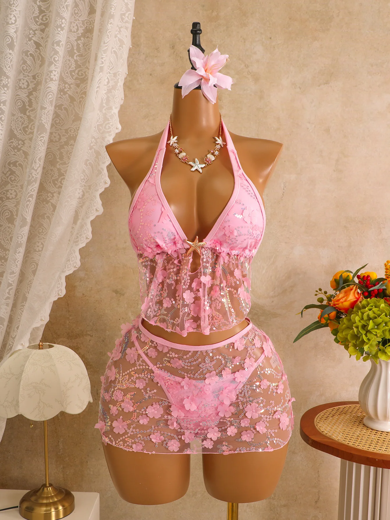 

2026 Pink Mesh 3 Piece Bikini Set Women Halter Neck Push Up Swimwear with Cover Up Sexy Beach Vacation Summer Mesh Skirt Outfits
