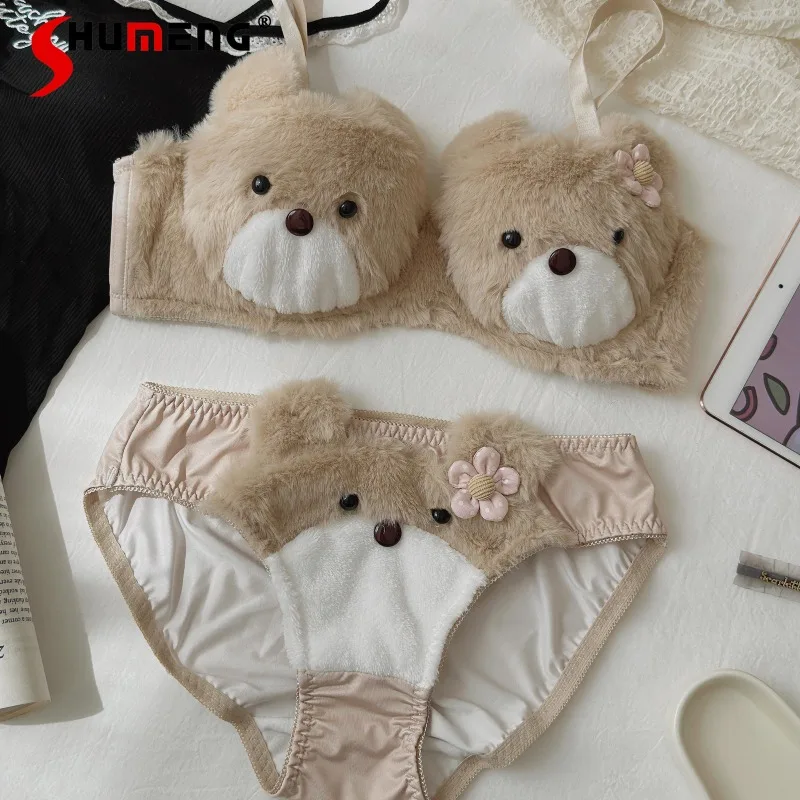 

Cute Cartoon Plush Bear Bra Set for Women Student Wireless Thickened Underwear Female Pure Desire Autumn Winter Brief Suits