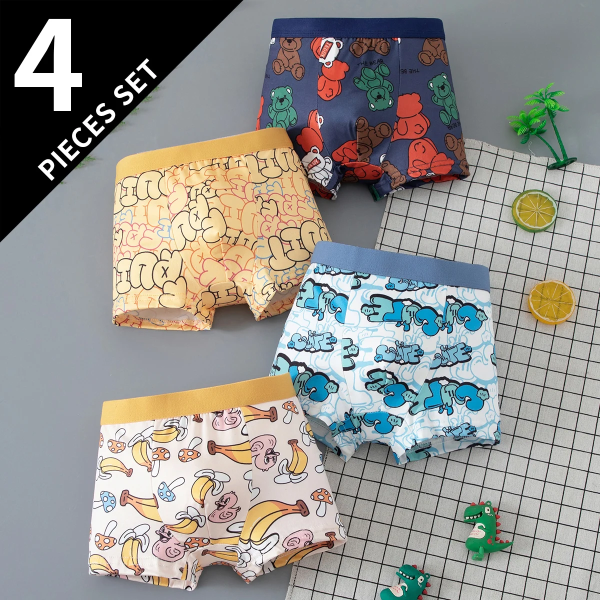 4-piece Set Of Boys' Cartoon English Printed Underwear Comfortable Boxer Shorts Children's Four Cornered Shorts Home Shorts
