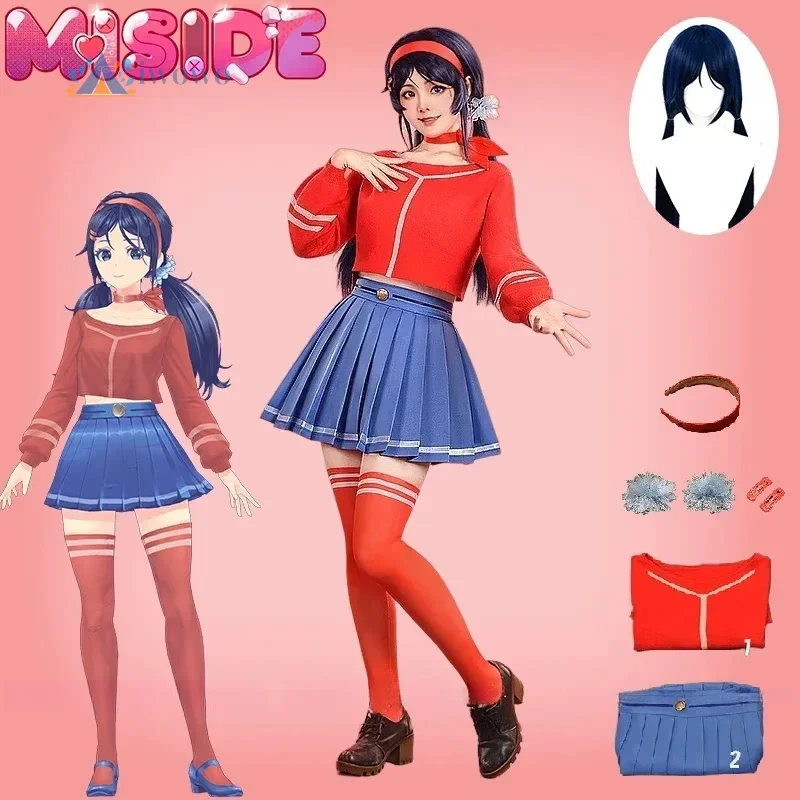 Game MiSide Mita Cosplay Costume Wig Red Sweater Pleats Skirt Uniform JK Suit Women Girls Cosplay Outfit Headgear Full Set Party