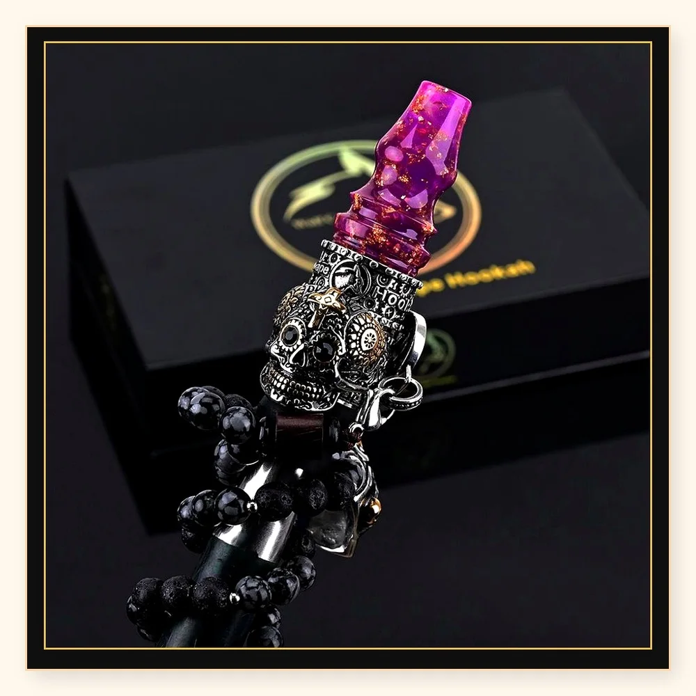 Dark Punk Double Skull Water Pipe Nozzle with Gold Foil Resin, Stone Bead Chain & Brand Lanyard