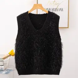 Black RU Korean Spring Fall Fur Furry Plush V-neck Knit Sleeveless Sweater Vest Loose Coat Outcoat Lady Top Cloth for Women girl
