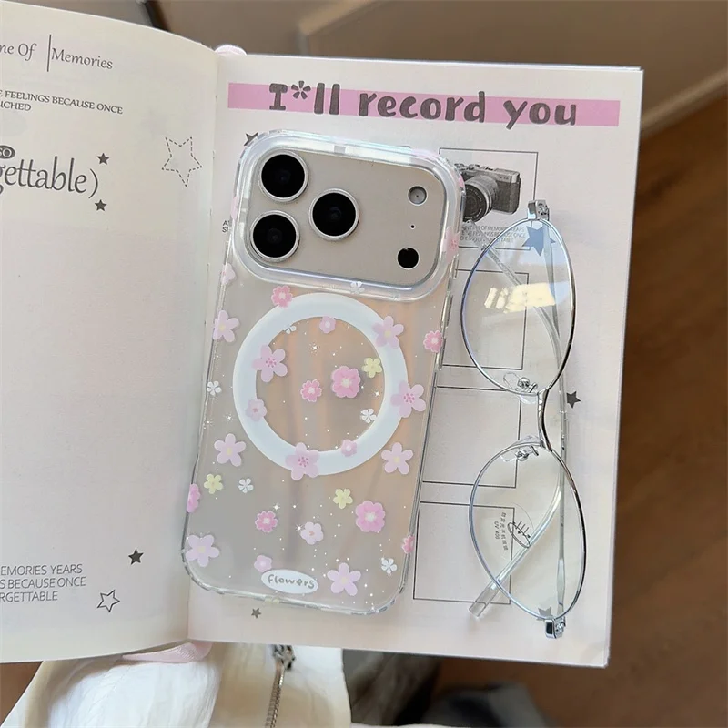 

Cute Floral Clear For MagSafe Phone Case For iPhone 17 16 15 Pro Max Shockproof Soft TPU Transparent Cover Pink Flower Girls Gif