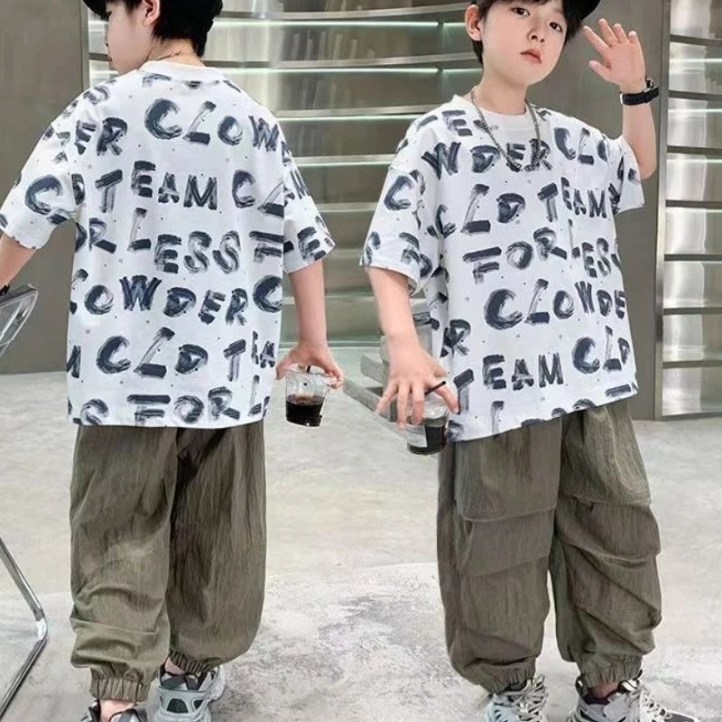 الصيف قصيرة الأكمام ملابس الأطفال أعلى وأسفل الملابس مجموعة قمصان الصبي الزي الأزياء 8 14 سنة دعوى السراويل الملابس قمم