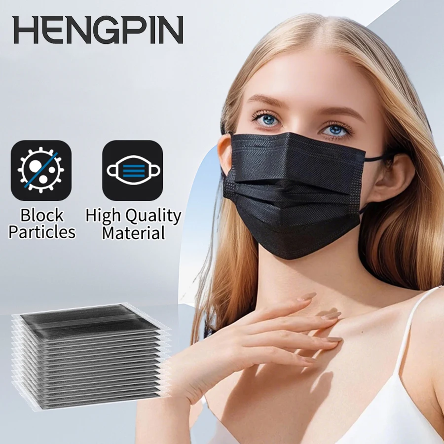 قناع الفم الأسود بحلقة الأذن للاستعمال مرة واحدة من HENGPIN مكون من 3 طبقات قناع وجه قابل للتنفس غير منسوج #1