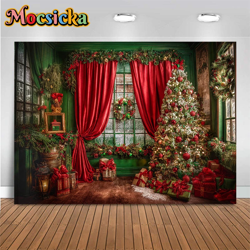 

Mocsicka Christmas Tree Photography Backdrops Baby Kid Retro House Background Green Indoor Red Curtain Wreath Decorations Banner