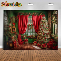 Mocsicka Christmas Tree Photography Backdrops Baby Kid Retro House Background Green Indoor Red Curtain Wreath Decorations Banner