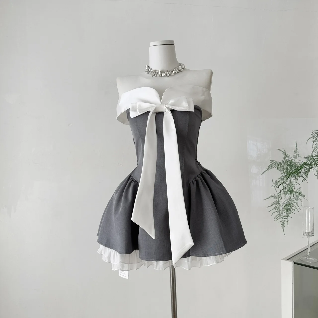 

Summer New Vintage Elegant Woman Dress Strapless Bow Patchwork High Waist Puffy Mini Dress Female French Chic Sexy Outfits 2025