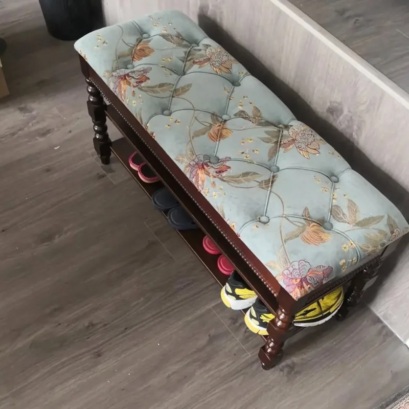 Enter the door Solid wood fabric shoe change stool Household storage storage stool Soft bag stool can be sat at the door America
