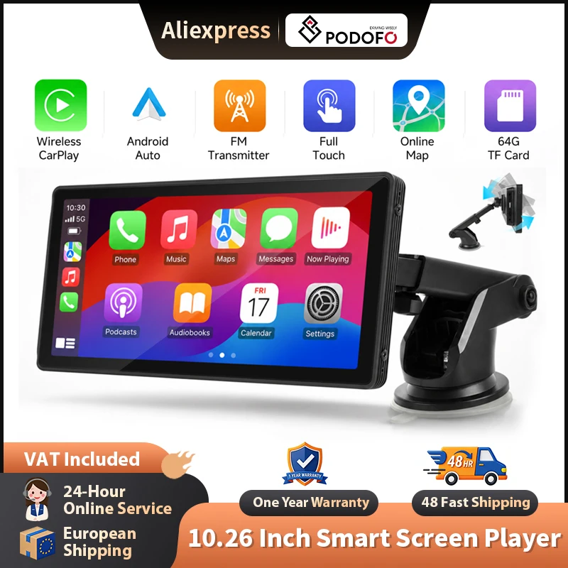 Podofo 10,26-calowy ekran bezprzewodowego radia samochodowego z funkcją Carplay i Android Auto, obsługujący AirPlay, Android Cast, transmiter FM, odtwarzacz muzyki Bluetooth, odtwarzacz stereo do