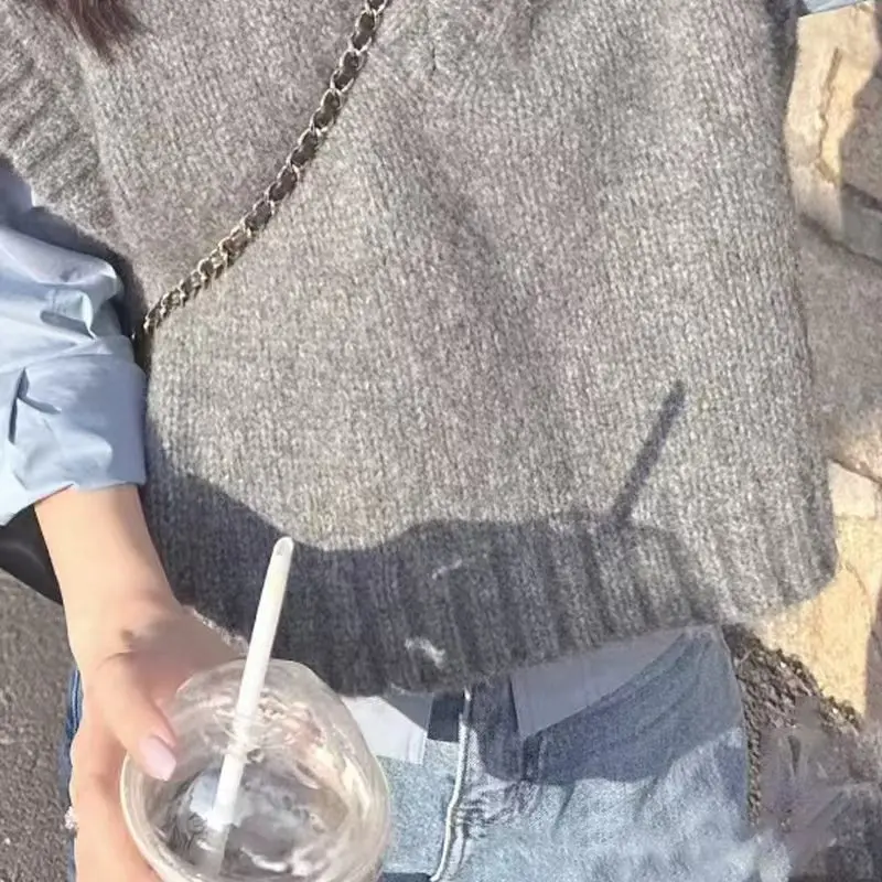 2025 여성용 회색 민소매 니트 조끼 가을 겨울 한국 스타일 달콤한 스타일 아우터웨어 스웨터 브이넥 캐주얼 니트 조끼