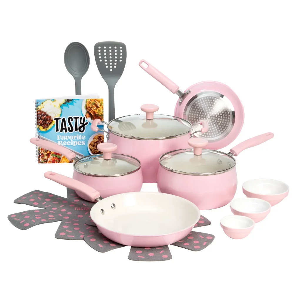 Clean Ceramic 16 Piece Non-Stick Aluminum Cookware Set,pink and Slate Blue, Pots and Pans Set, Cooking Pots Set