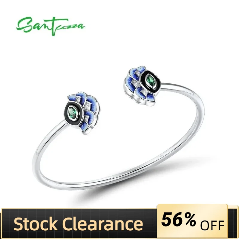 

SANTUZZA Genuine 925 Sterling Silver Opened Bangle For Women Delicate Blue Fan Shape Enamel Wedding Gift Fashion Fine Jewelry